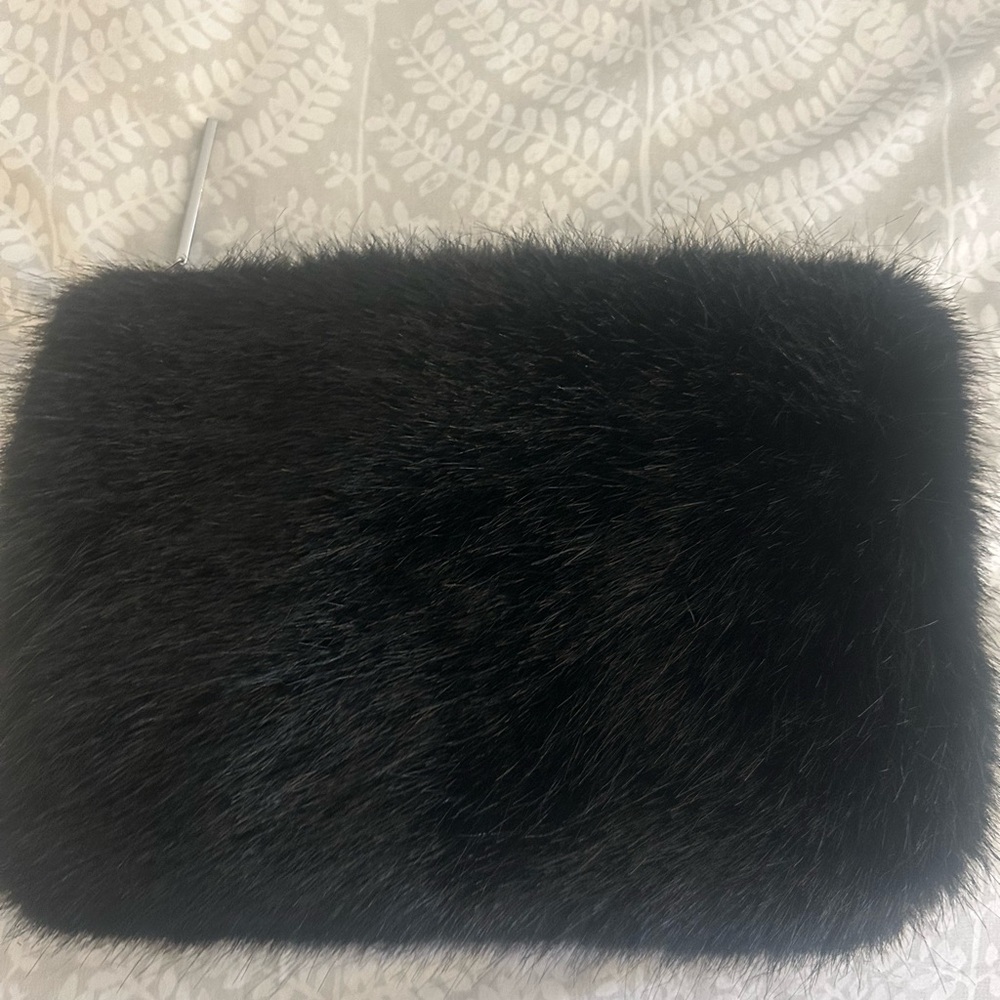 Whistles Black and Gray Faux Fur Clutch Gold zipper